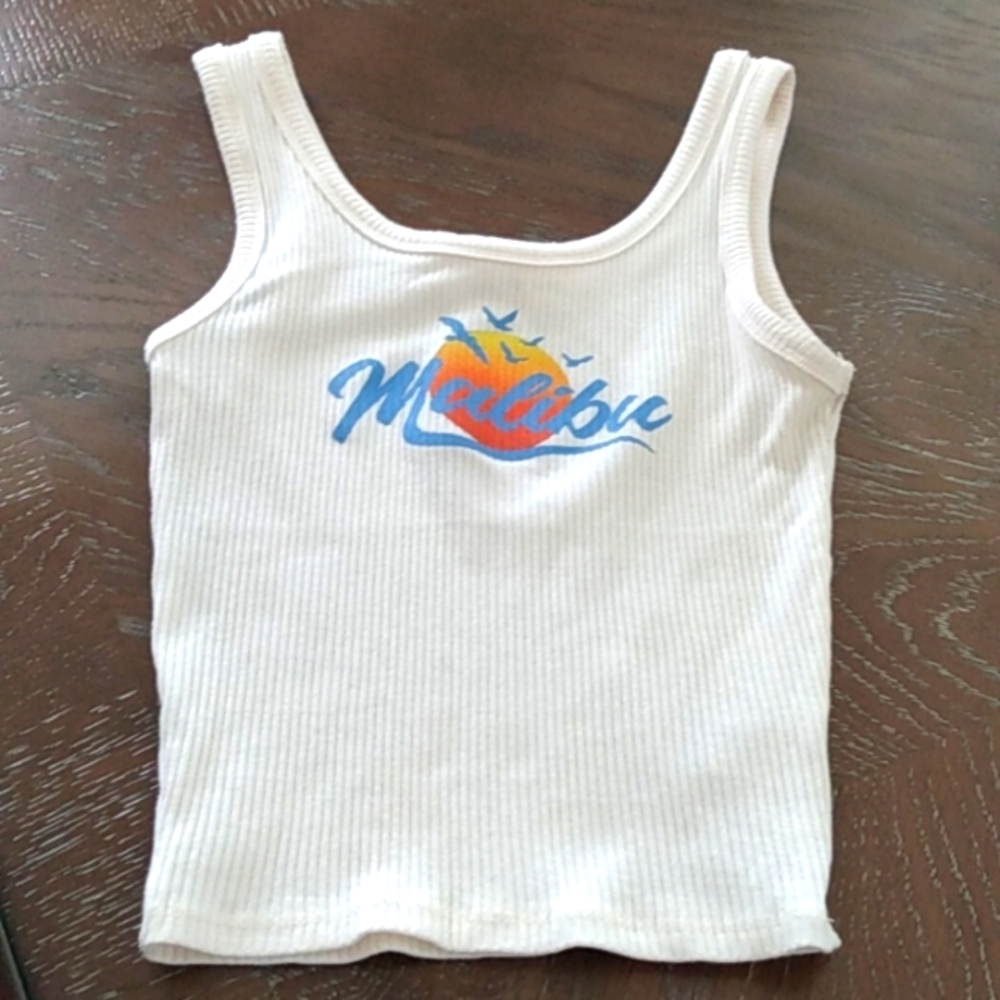 "Malibu" Tank with graphic|Cream Ribbed| Blue Text| Size XS
